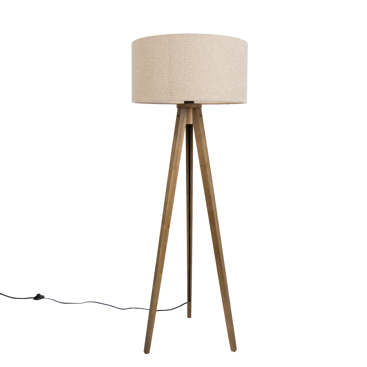 Vloerlamp hout met beige kap van teddy stof 50cm - Tripod Classic