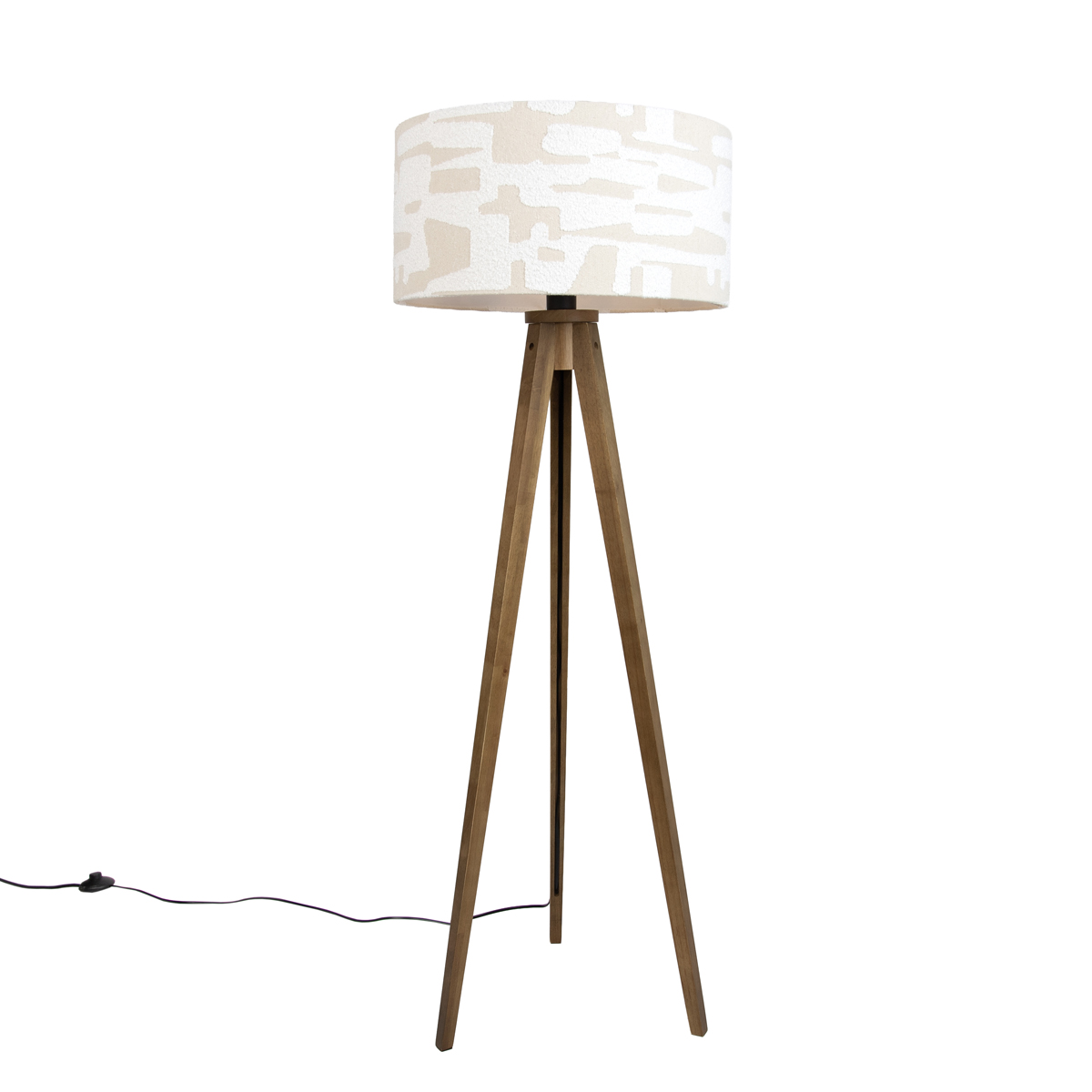 Vloerlamp hout met beige en wit gestreepte kap 50cm - Tripod Classic