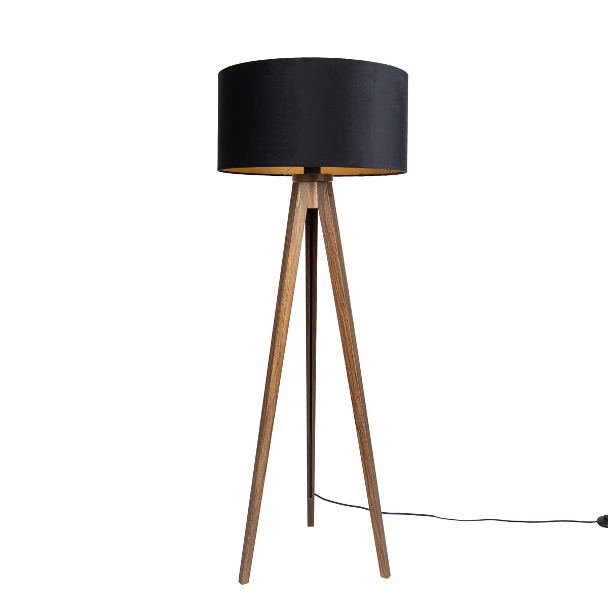 Vloerlamp walnoot hout met kap zwart met gouden binnenkant 50cm - Tripod Classic