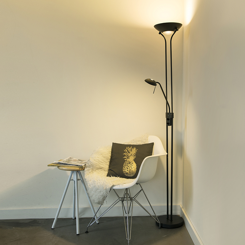 Vloerlamp zwart met leeslamp incl. LED en dimmer - Diva 2 Vloerlamp zwart met leeslamp incl. LED en dimmer - Diva 2
