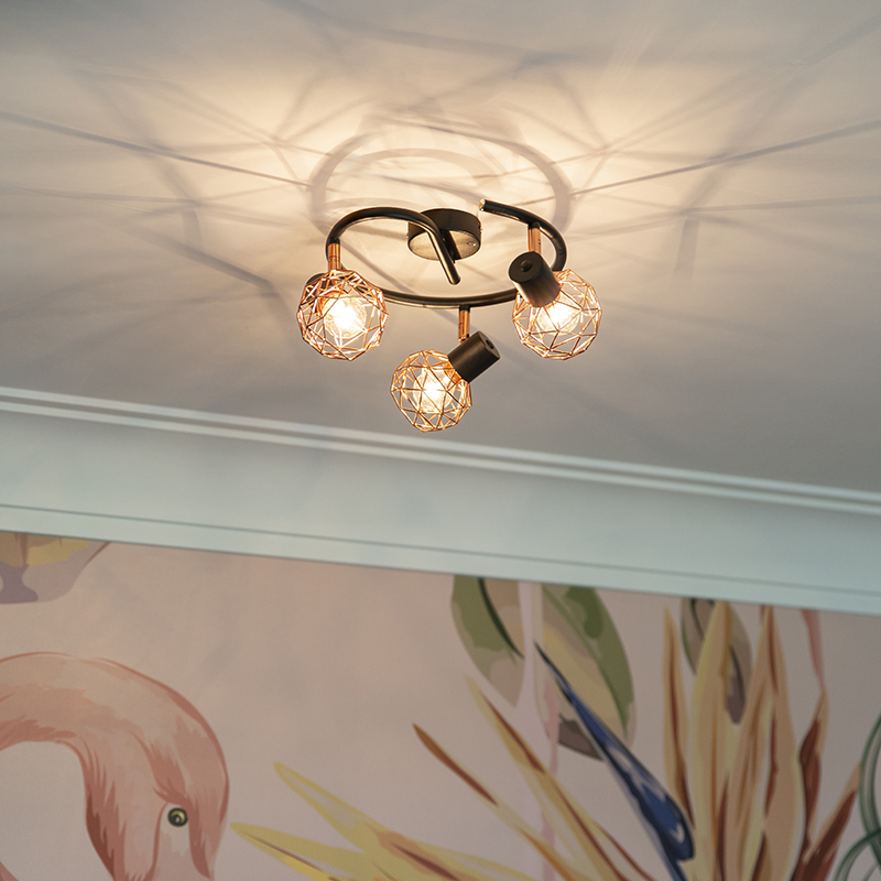 Moderne spot zwart met koper 3-lichts - Mesh Moderne spot zwart met koper 3-lichts - Mesh