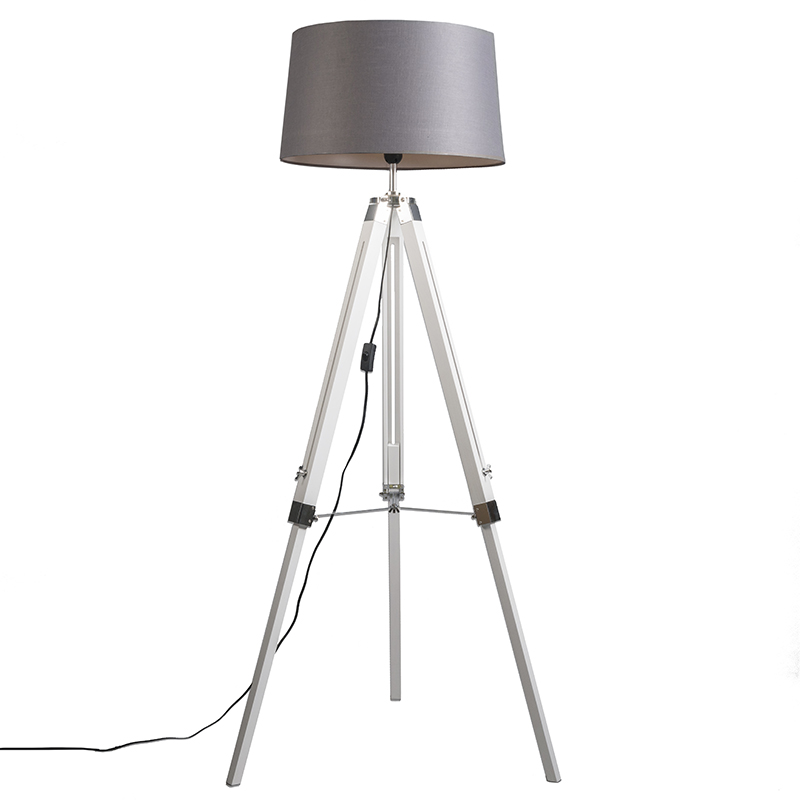 Industriële vloerlamp wit met grijze linnen kap - Tripod Industriële vloerlamp wit met grijze linnen kap - Tripod