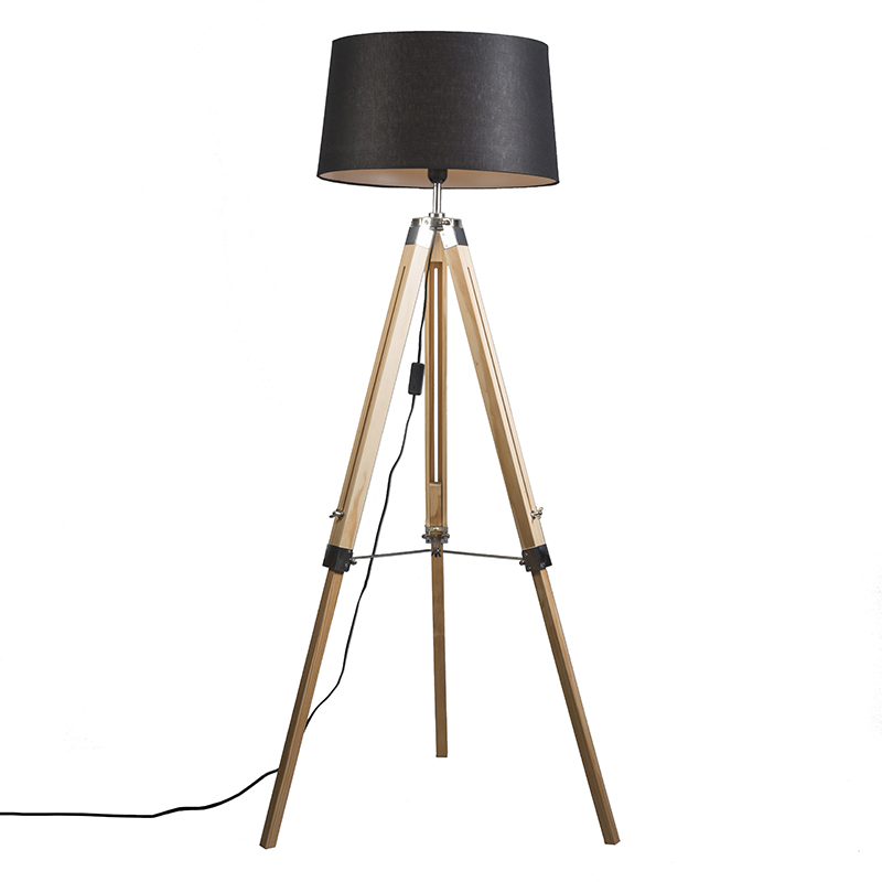 Stojaca lampa prírodná s čiernym ľanovým tienidlom 45 cm - Tripod
