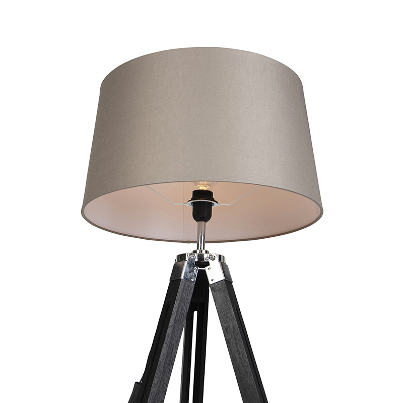 Lampada da terra a treppiede nera con paralume in lino color tortora 45 cm