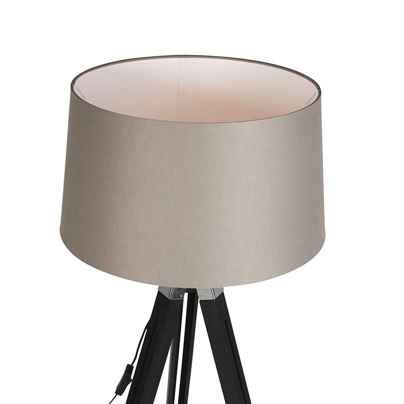 Lampada da terra a treppiede nera con paralume in lino color tortora 45 cm