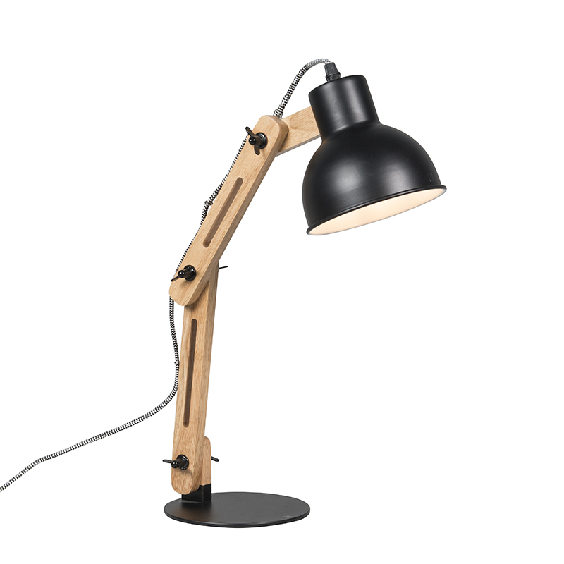 Industriel bordlampe sort med træ – Woodi