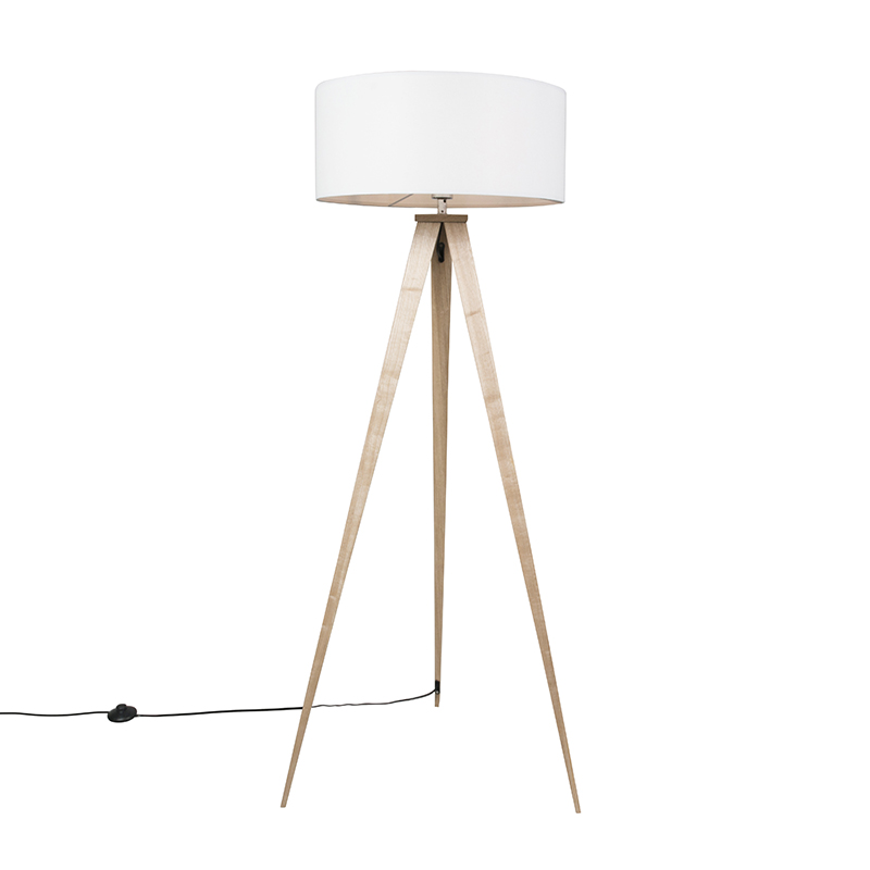 QAZQA Moderne vloerlamp hout met witte kap - Tripe