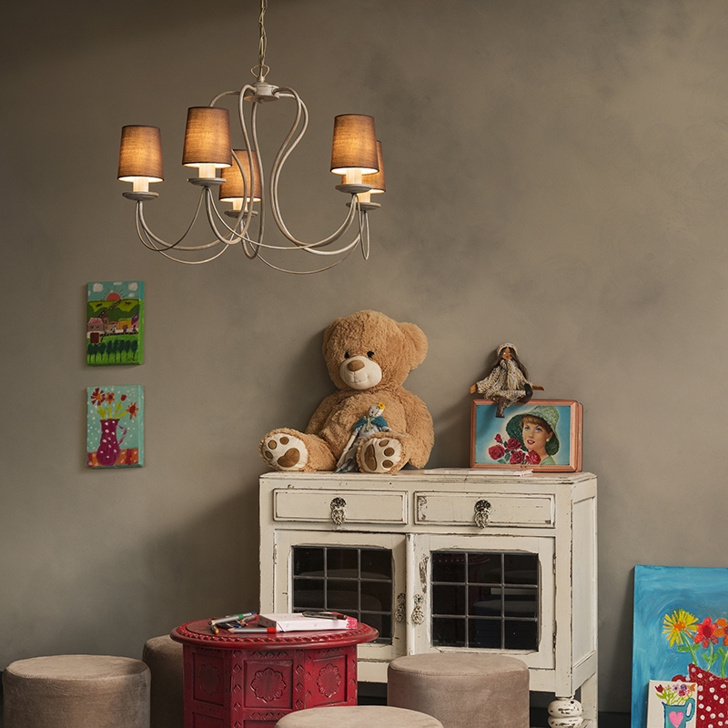 Klassieke kroonluchter taupe met kapjes bruin - Como 5 Klassieke kroonluchter taupe met kapjes bruin - Como 5