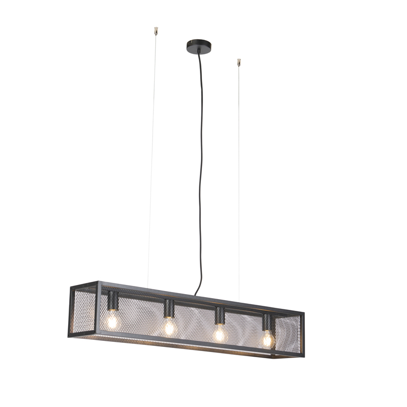 QAZQA Industriële hanglamp zwart met gaas 4-lichts - Cage