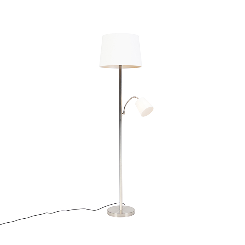 Klassisk golvlampa stål med vit skugga och läslampa - Retro