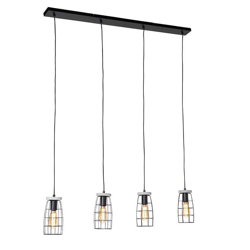 Industriele hanglamp betonlook met zwart 4-lichts - Rohan Industriele hanglamp betonlook met zwart 4-lichts - Rohan