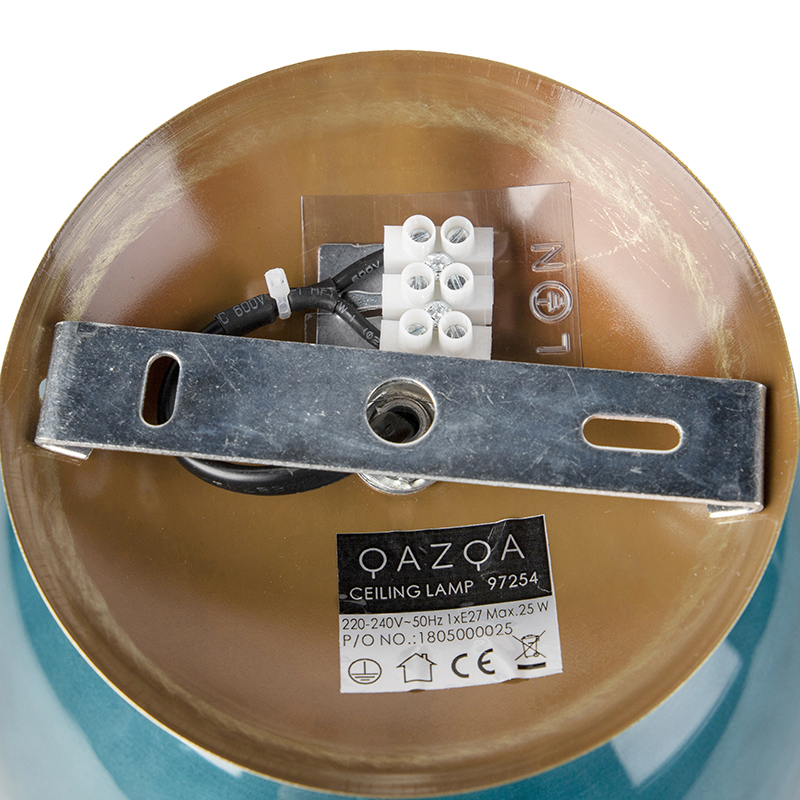 Art Deco Ceiling Light Brass with Ocean Blue Glass - Pallon