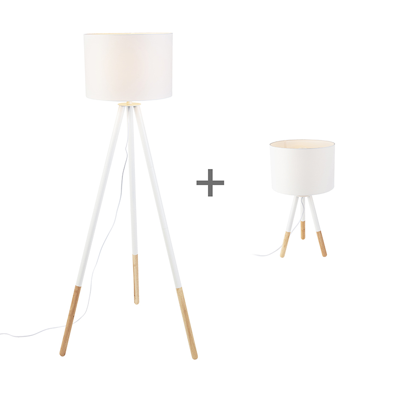 QAZQA Set van tafel- en vloerlamp met kap wit - Pip