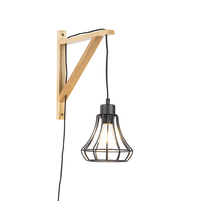 Vidiecka nástenná lampa drevená s čiernym rámom - kat