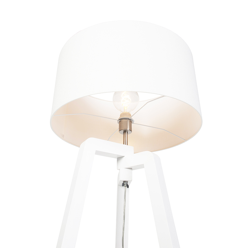 Lampadaire trépied en bois blanc avec abat-jour blanc 50 cm - Puros