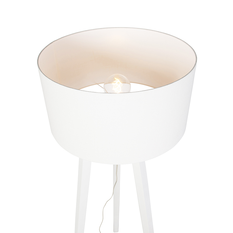 Lampadaire trépied en bois blanc avec abat-jour blanc 50 cm - Puros