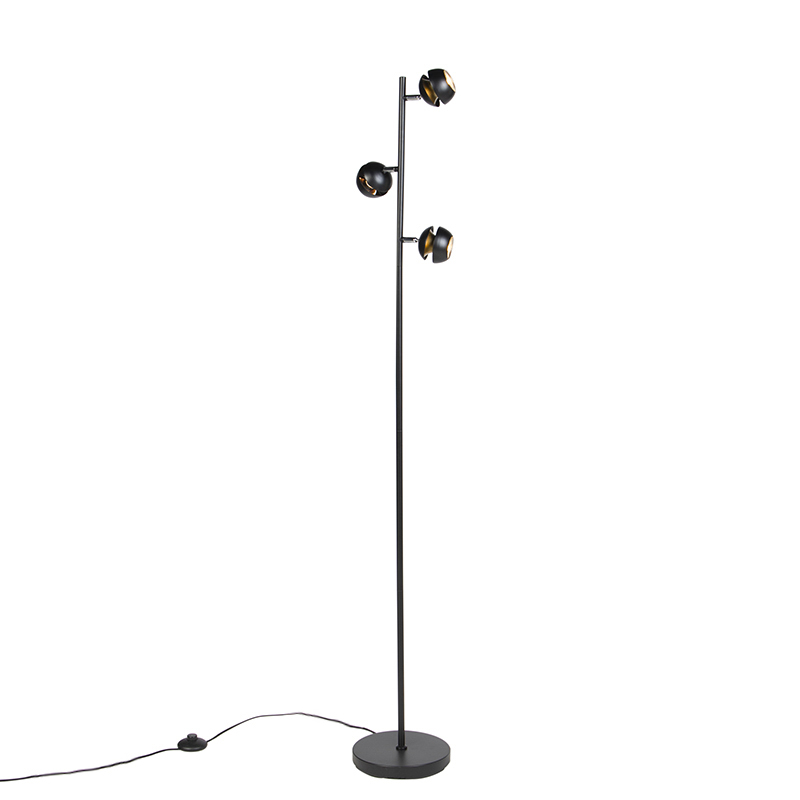 lampadaire moderne à 3 lumières, noir avec intérieur doré - buell deluxe