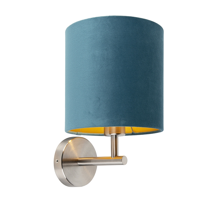 Strakke wandlamp staal met blauwe velours kap - Matt