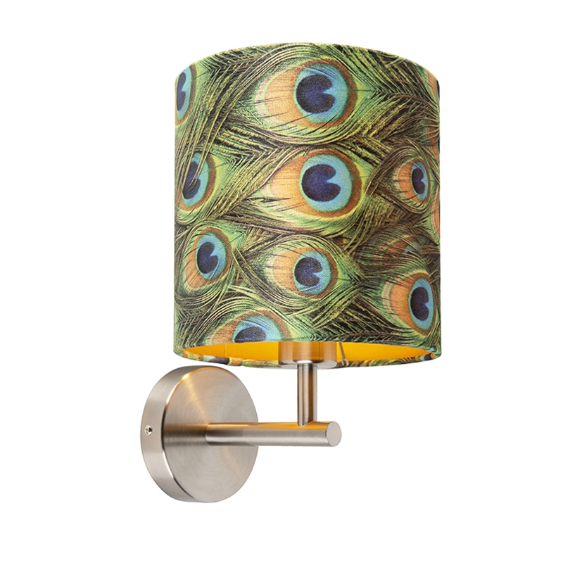 QAZQA Botonische wandlamp staal met velours kap pauw - Combi