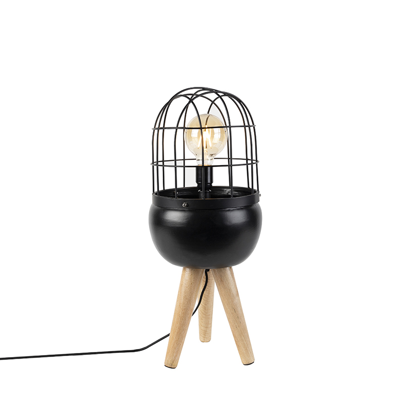 Moderne tafellamp zwart op houten driepoot - Birds
