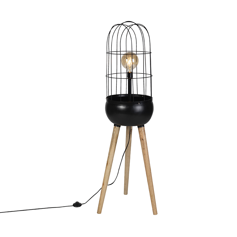 Moderne vloerlamp zwart op houten driepoot - Birds