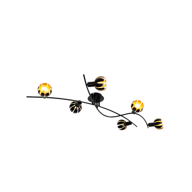 Designerska lampa sufitowa czarna ze złotymi 6-punktowymi lampami - Melone