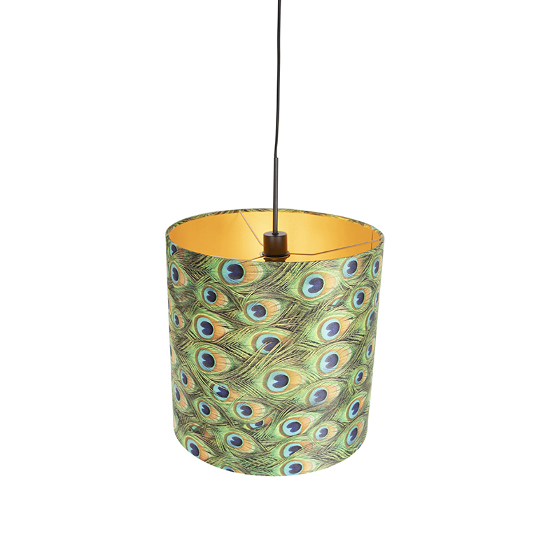 Lámpara colgante con pantalla de terciopelo pavo real con dorado 40 cm - Combi