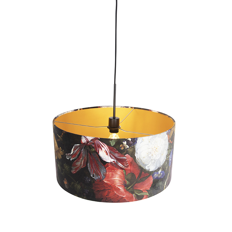 suspension avec abat-jour velours fleurs doré 50 cm - combi