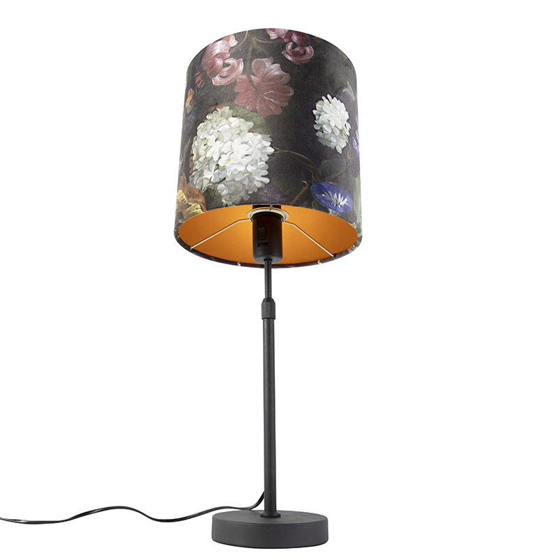 lampe de table noir avec abat-jour en velours fleurs d'or 25 cm - parte