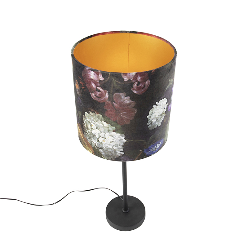 lampe de table noir avec abat-jour en velours fleurs d'or 25 cm - parte