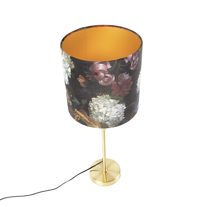 lampe de table or / laiton avec abat-jour velours fleurs 25 cm - parte