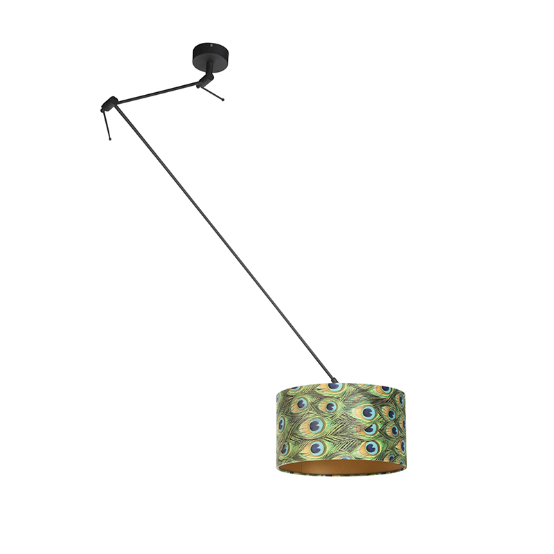 Pendant Light Black with Velvet Peacock Lampshade with Gold 35 cm - Blitz