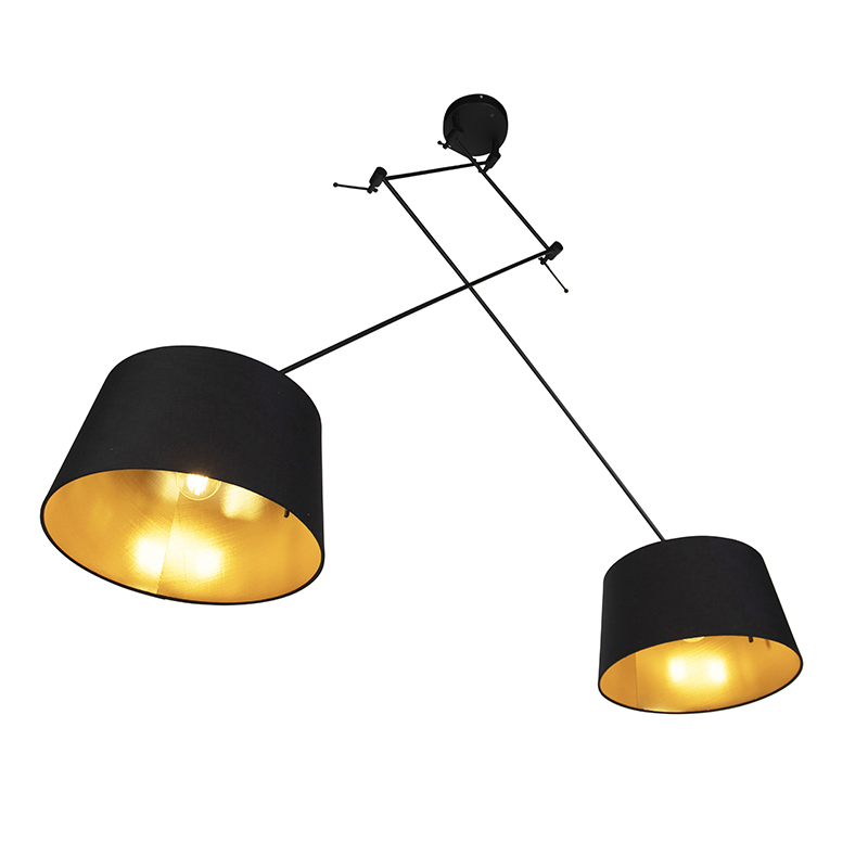 Lampada a sospensione nera con paralumi in cotone nero e oro 35 cm 2 luci - Blitz