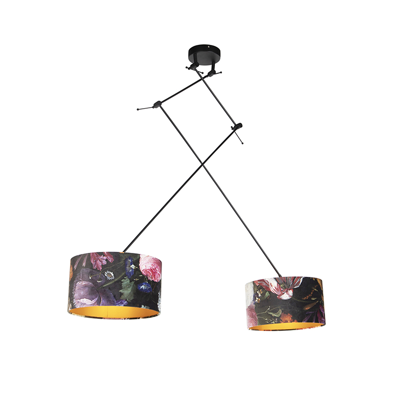 Závesné svietidlo čierne s tienidlami z velúru s kvetmi a zlatom 35 cm 2-žiarovkové - Blitz