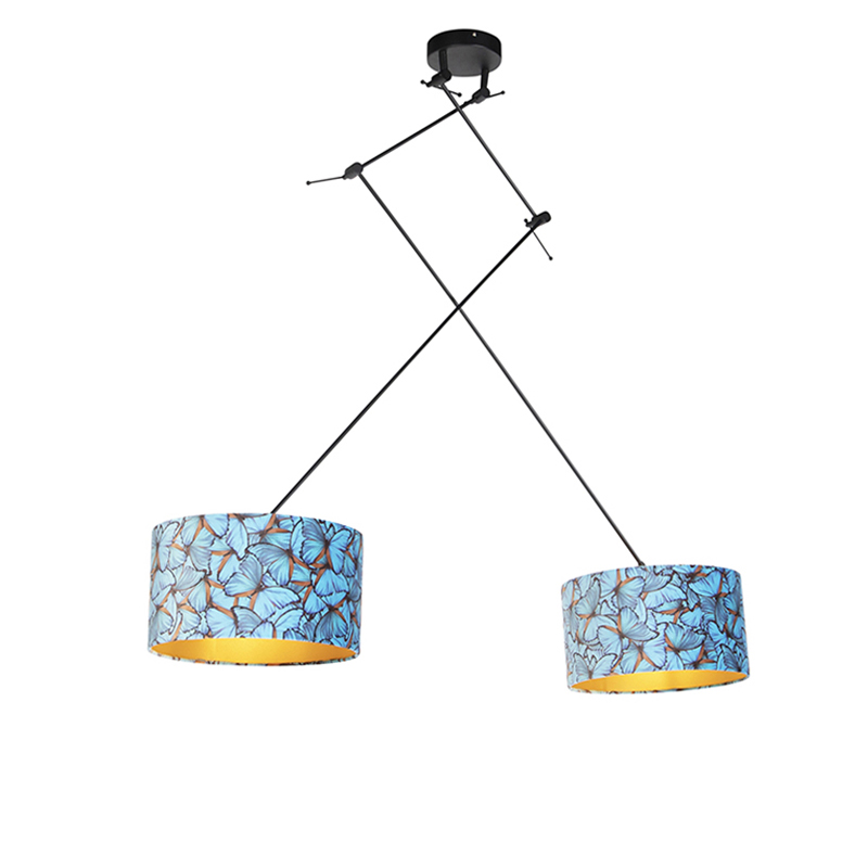 Závesné svietidlo čierne s plyšovými tienidlami motýle so zlatom 35 cm 2-svetlo - Blitz