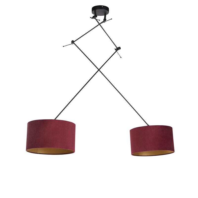 Lámpara colgante negra con pantallas de terciopelo rojo y dorado 35 cm 2-luces - Blitz