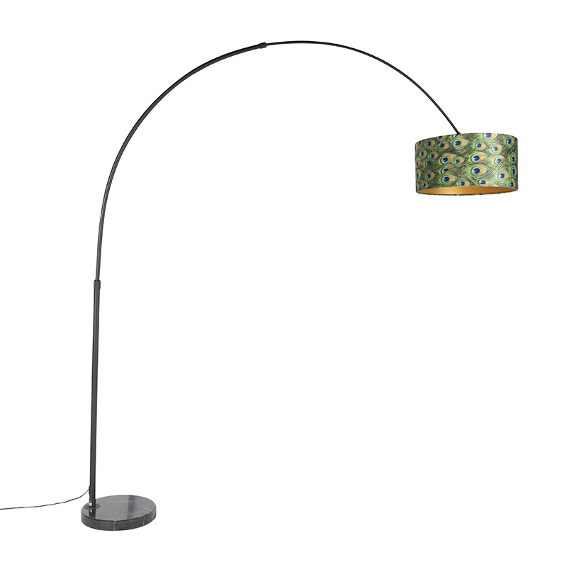 Botanická oblúková lampa čierna zamatový tienidlo s motívom páva 50 cm - XXL