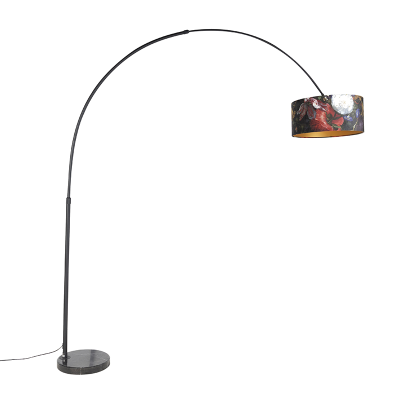 Oblúková lampa čierna zamatový tienidlo s kvetinovým vzorom 50 cm - XXL