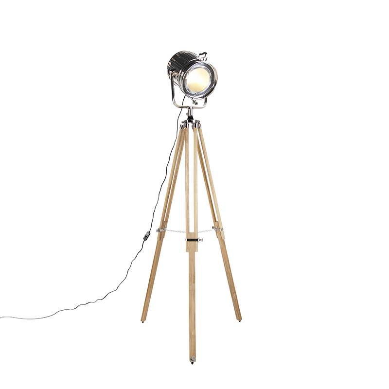 Vloerlamp met houten driepoot en studiospot - Tripod Construct