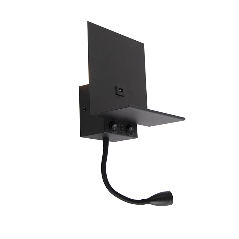 applique murale moderne noire 2 lumières avec usb et bras flexible - flero