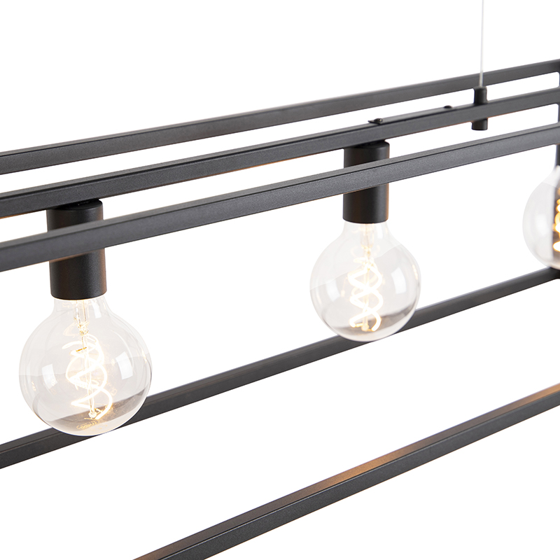 QAZQA + Lampada A Sospensione Tavolo Soggiorno Cage - Moderno - Acciaio - Nero - Allungato Max. 5 X Watt 12 Lampada a sospensione moderna rettangolare nera a 5 luci - CAGE