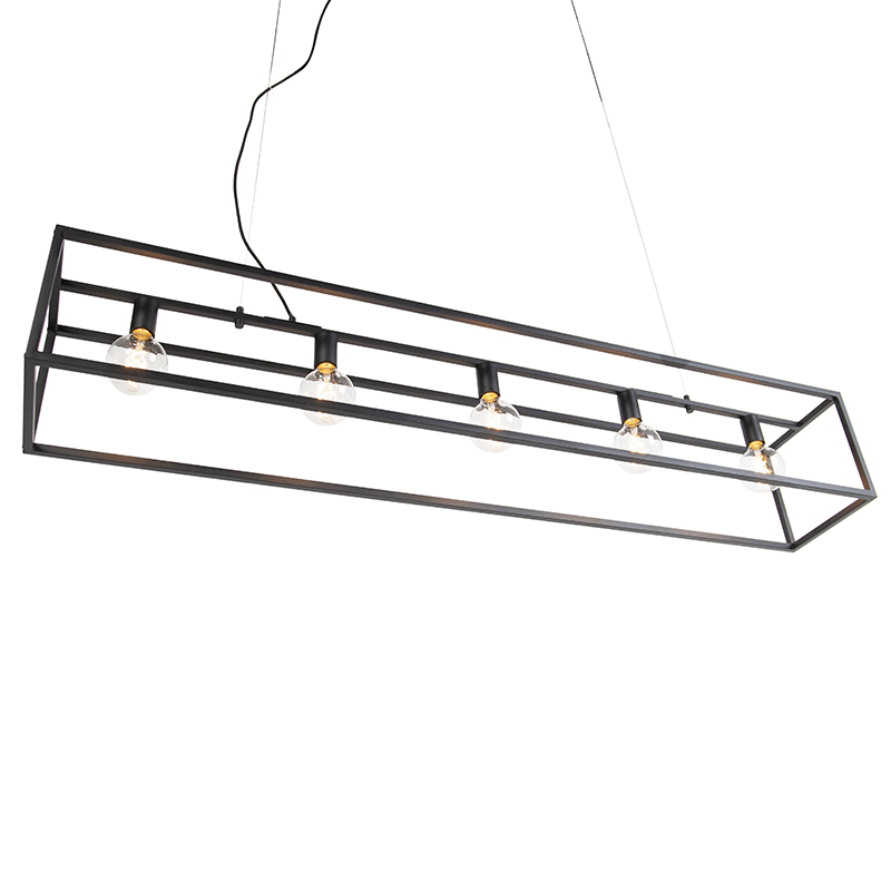 QAZQA + Lampada A Sospensione Tavolo Soggiorno Cage - Moderno - Acciaio - Nero - Allungato Max. 5 X Watt 15 Lampada a sospensione moderna rettangolare nera a 5 luci - CAGE