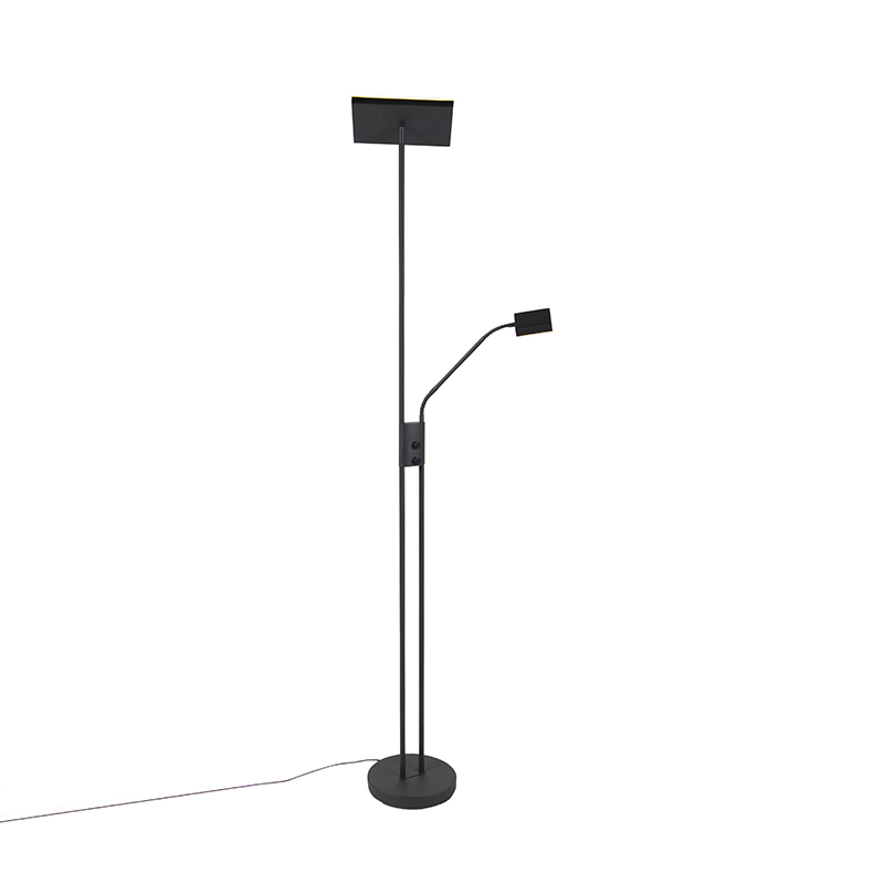 QAZQA Lampada Da Terra Con Braccioo De Lettura Jazzy - Moderno - Acciaio,Vetro - Nero - Quadrato/Oblungo (non Sostituibile) LED Max. 1 X 18 Watt 10 Lampada da terra uplighter quadrata nera braccio lettura JAZZY