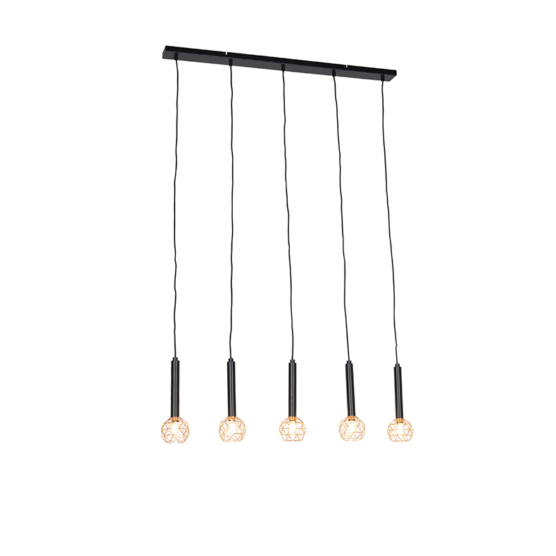 Hanglamp zwart met koper 5-lichts - Mesh
