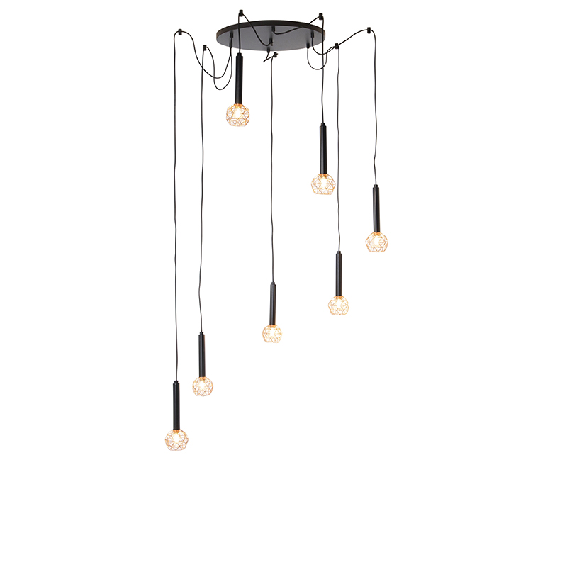 Hanglamp zwart met koper 7-lichts - Mesh