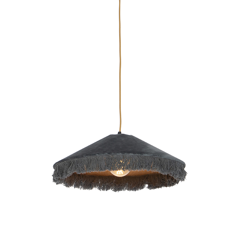 Retro hanglamp grijs velours met franjes - Frills Retro hanglamp grijs velours met franjes - Frills