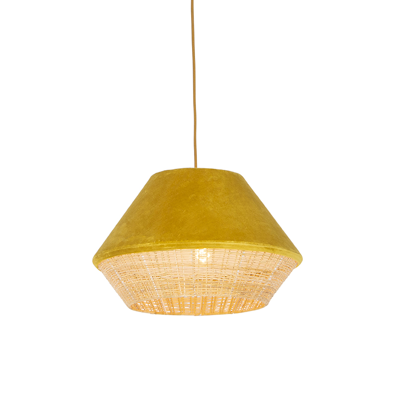 QAZQA Landelijke hanglamp gele velours met riet 45 cm - Frills Can