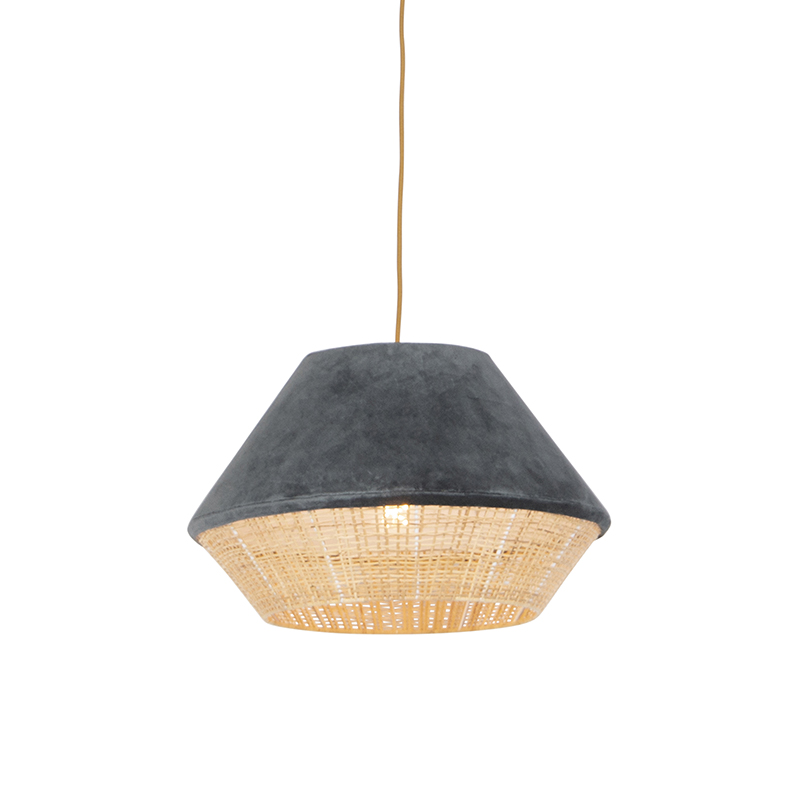Landelijke hanglamp grijs velours met riet 45 cm - Frills Can Landelijke hanglamp grijs velours met riet 45 cm - Frills Can