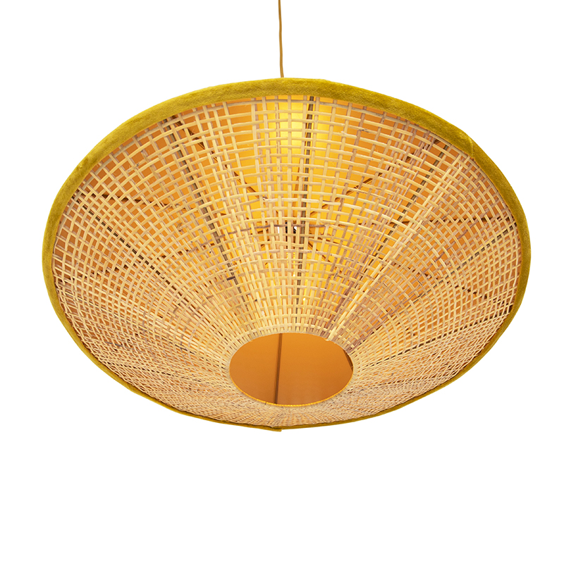 Lampada a sospensione rustica in velluto giallo con rattan 60 cm - Frills Can