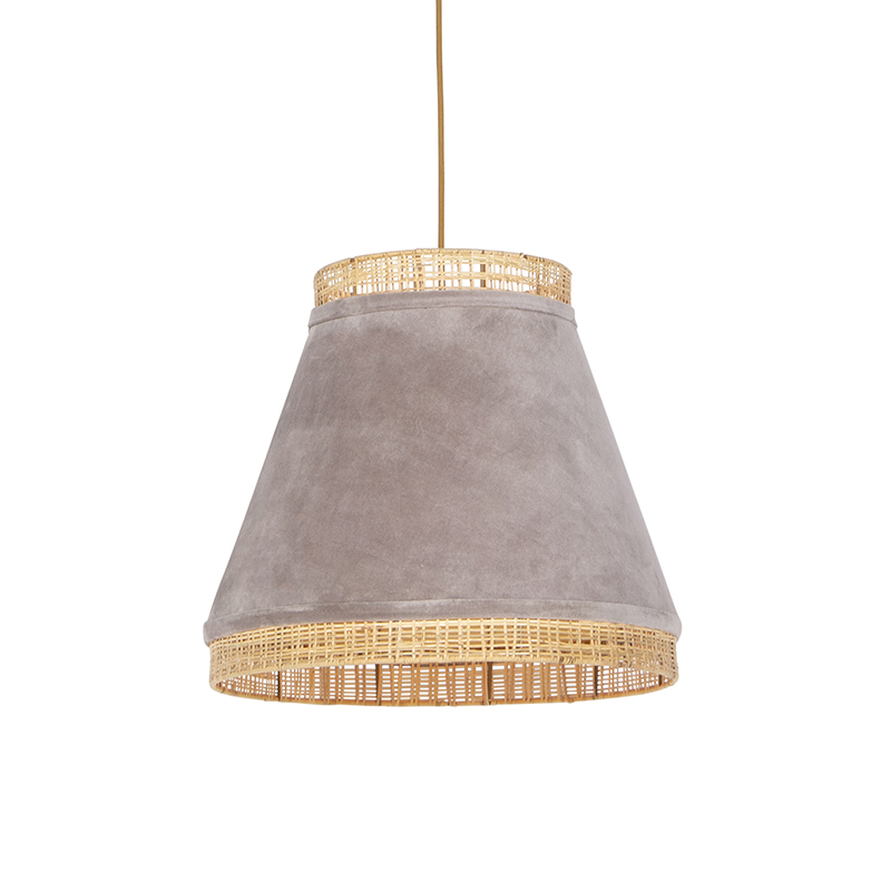Landelijke hanglamp beige velours met riet 45 cm - Frills Can Landelijke hanglamp beige velours met riet 45 cm - Frills Can